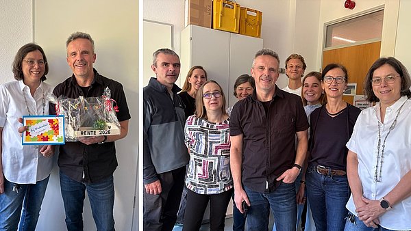 Collage aus zwei Bildern von der Verabschiedung: Auf dem linken Bild steht Georg Kissel mit seinem Geschenk in der Hand rechts neben seiner Kollegin und lacht in die Kamera. Auf dem rechten Bild sieht man ein Gruppenbild mit Kolleg*innen. 